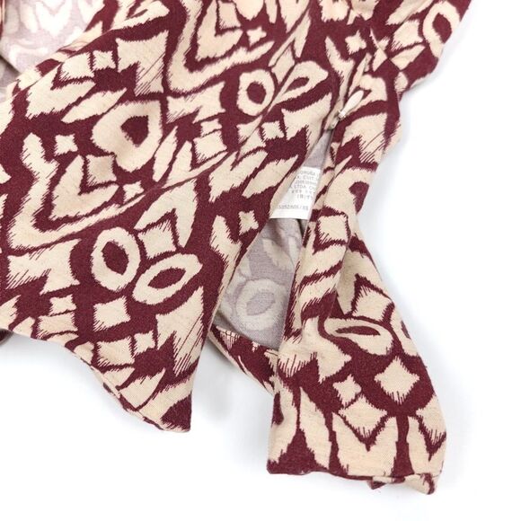 ZARA Linen Printed Wrap Blouse Crop Bell Sleeve Geometric Burgundy Cream XS - Picture 6 of 10